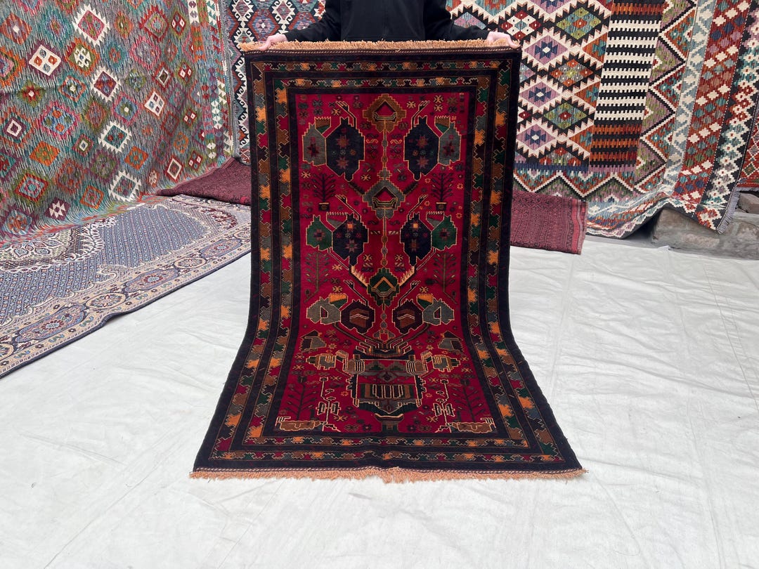 Challah Rugs 4x6 Ft Terracotta Red Baluch Rug, Handwoven Afghan Wool Rug for Bedroom ...