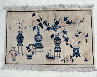 2x3 ft Handwoven Wool Chinese Art Rug - White Blue Tibetan Art Decor Rug - Wall Hanging Chinese Art Rug - Table Top Plants Pictorial Rug