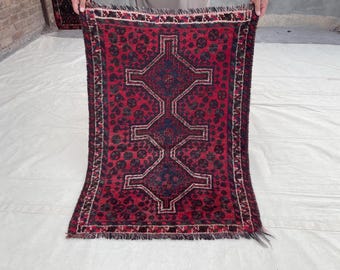 3x4 ft, Red Vintage Afghan Floral Rug, Handwoven Persian Turkish Pattern Carpet,  Tiny Red Rug With Traditional Symbols, Entryway Bathroom