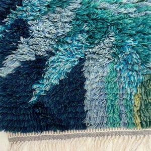 May include: A textured rug with a vibrant design. The rug features a mix of blues and greens, creating a layered effect. The edges are finished with a gray border and white fringe. The rug's design evokes a sense of nature.