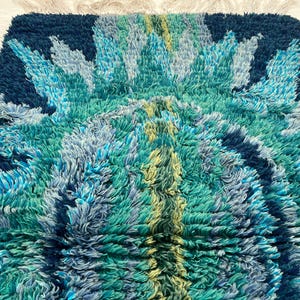 May include: A rectangular rug with a shaggy texture, featuring a vibrant design in shades of blue, teal, and yellow. The rug's edges are a deep navy blue, with a central pattern of layered, textured shapes. The rug has a soft, plush appearance.