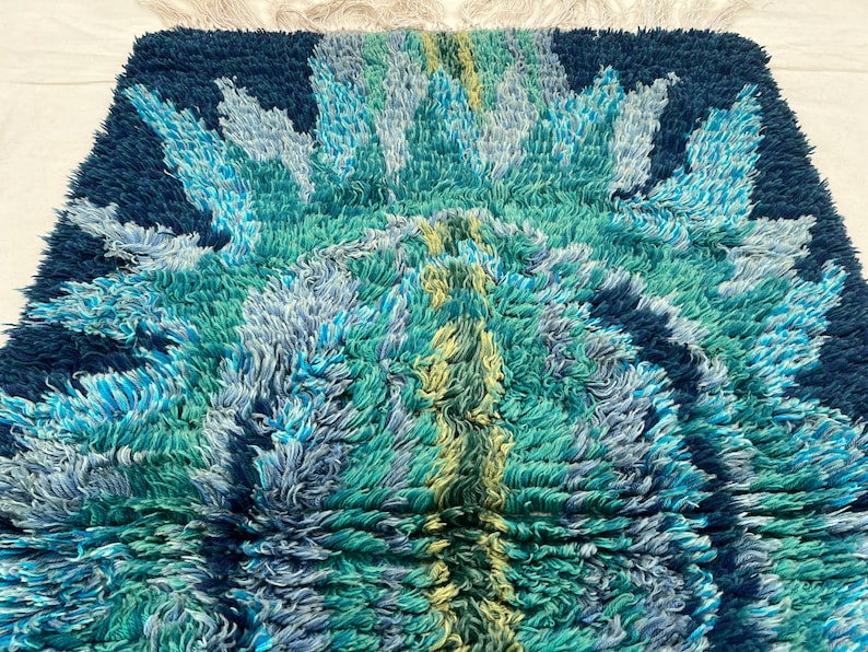 May include: A rectangular rug with a shaggy texture, featuring a vibrant design in shades of blue, teal, and yellow. The rug's edges are a deep navy blue, with a central pattern of layered, textured shapes. The rug has a soft, plush appearance.