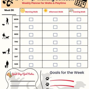 Pode incluir: Um planejador semanal branco para passeios e brincadeiras de cães. O planejador inclui seções para passeios matinais, vespertinos e noturnos, com caixas de seleção para cada dia da semana. Ele também possui uma seção para anotações e metas semanais.