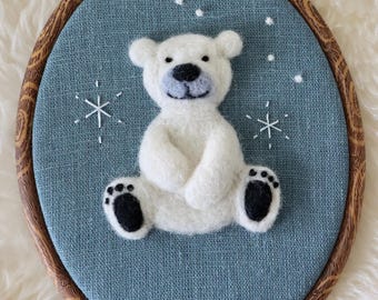 Nursery Wool Hoop Art - Needle Felt - Embroidery - Reading Nook - Baby Shower - Winter Gift, Arctic, Polar Bear Decor, Kid's Library, Custom