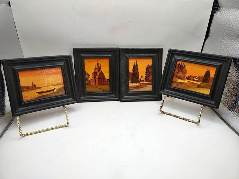 Set of 4 Miniature Russian Oil Paintings Arbat Moscow Leonid Dobriakov Framed image 1