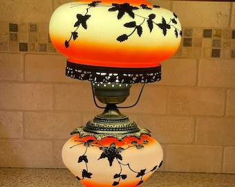 Vintage Mid-Century Modern Hurricane Lamp — White & Orange Floral — Gone with the Wind