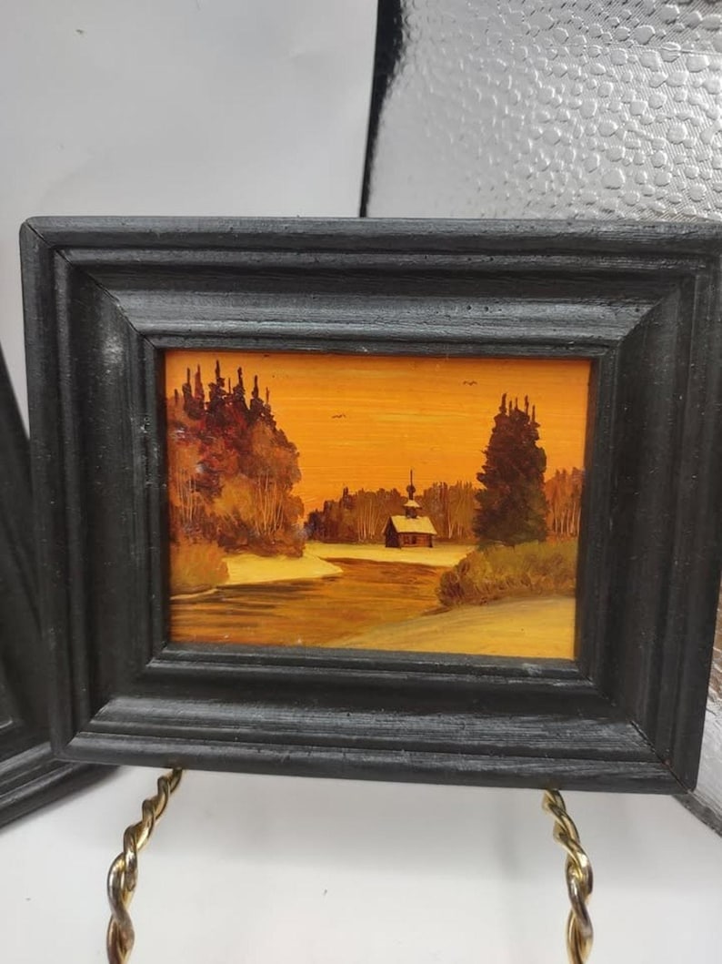 Set of 4 Miniature Russian Oil Paintings Arbat Moscow Leonid Dobriakov Framed image 2