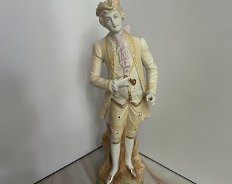 Vintage Rococo Porcelain Gentleman Figurine: Hand-Painted Gold Accents