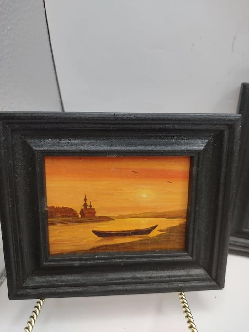 Set of 4 Miniature Russian Oil Paintings Arbat Moscow Leonid Dobriakov Framed image 5