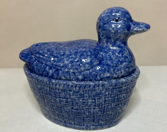 Vintage Blue Speckled Duck Butter Dish Farmhouse Decor