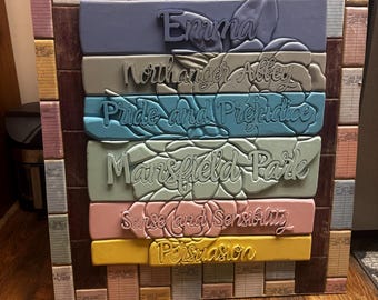 Decoración de pared con temática de pilas de libros de Jane Austen / Letrero de madera en capas / Decoración literaria para el hogar / Regalo para amantes de los libros