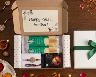 Raksha Bandhan Gift Box for Brother, Traditional Rakhi Hamper, Coffee Cookies Care Pack