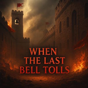 May include: A digital illustration depicts a medieval castle under siege. The image features stone structures, red flags, and the text "WHEN THE LAST BELL TOLLS" in red. Flames and dark clouds create a dramatic atmosphere.