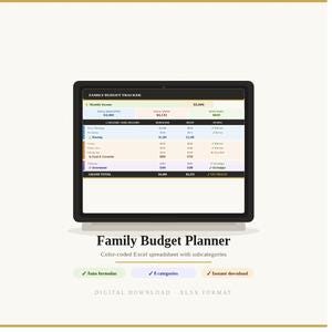Può includere: Un tablet digitale che mostra un foglio di calcolo "Family Budget Tracker". Il documento Excel con codice colore mostra sottocategorie e totali. Il tablet è su sfondo bianco con il testo "Family Budget Planner" e icone delle funzioni.