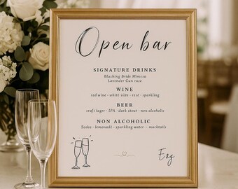 Edytowalny szablon menu baru weselnego – szyld na bar otwarty – natychmiastowe pobranie, szablon Canva – elegancki skrypt – drukowany szyld menu baru