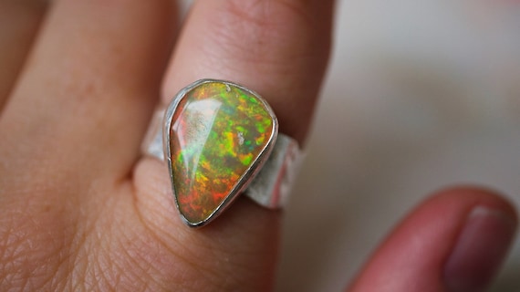 Opal Ring.Sterling silver.Hand made.Brilliant Colors. One of a kind.See  images and description below. - Ammolite Jewelry From Canada