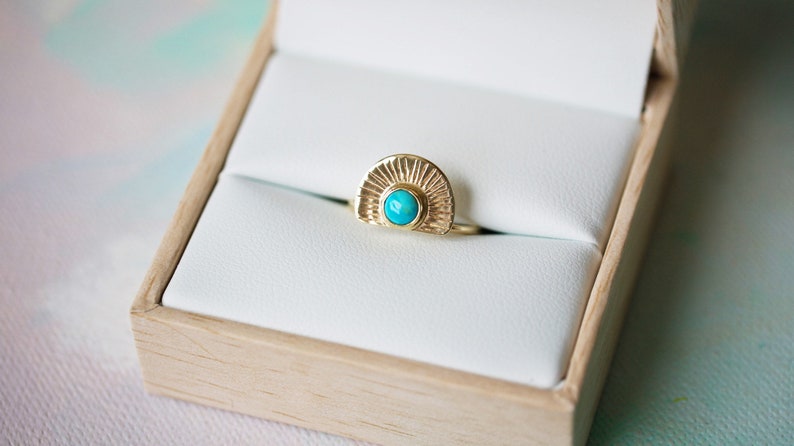 14K Solid Gold Turquoise ring, 14k thin gold ring, arizona turquoise, gold turquoise jewelry, december birthstone, gold ring image 6