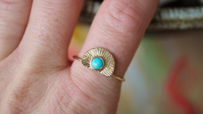 14K Solid Gold Turquoise ring, 14k thin gold ring, arizona turquoise, gold turquoise jewelry, december birthstone, gold ring image 8