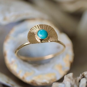 14K Solid Gold Turquoise ring, 14k thin gold ring, arizona turquoise, gold turquoise jewelry, december birthstone, gold ring image 4