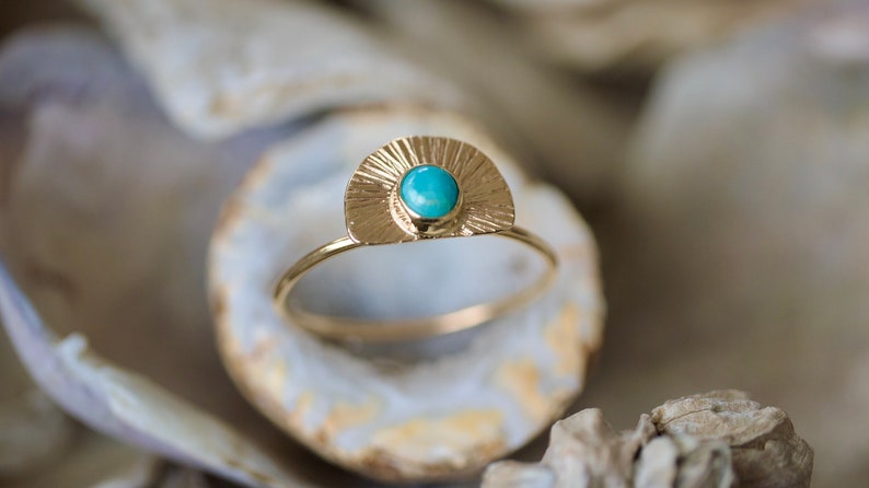 14K Solid Gold Turquoise ring, 14k thin gold ring, arizona turquoise, gold turquoise jewelry, december birthstone, gold ring image 4