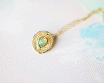 14K Solid Gold Opal necklace, gold opal necklace, made in Canada, 14Karat gold, dainty necklace, yellow gold turquoise necklace, opal neckla