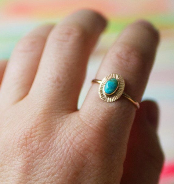 Solid Gold Turquoise Ring 14k Thin Gold Ring Arizona Turquoise