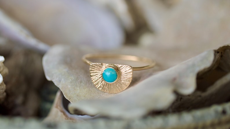 14K Solid Gold Turquoise ring, 14k thin gold ring, arizona turquoise, gold turquoise jewelry, december birthstone, gold ring image 2