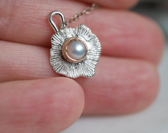 14K Gold + Silber Perlenkette, Perlenschmuck, Perlenanhänger, Juni Geburtsstein, Perlenring, Geschenk für Sie, Blumenanhänger, Blume