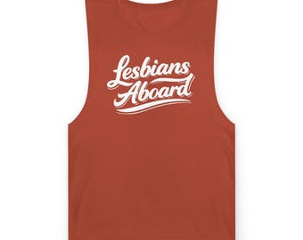 Lesbians Aboard tank | Pride script logo, retro red lettering