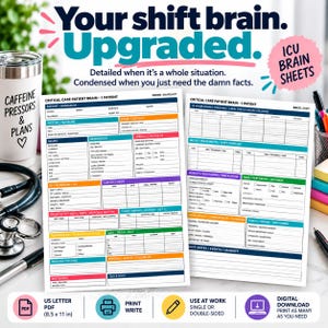 Può includere: Due fogli di carta bianchi intitolati Critical Care Patient Brain, con sezioni organizzate per dati del paziente, storia medica, neuro, respiratorio, cardiaco e nutrizione. I moduli includono caselle di controllo e righe per note cliniche.