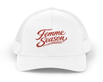 Femme Season trucker cap, embroidered script logo, mesh snapback hat, women's casual summer