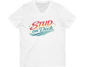 Camiseta masculina Stud on Deck com decote em V, estampa gráfica de verão, algodão respirável, unissex, casual.