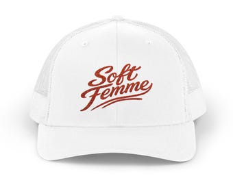 Soft Femme trucker cap, embroidered script logo, mesh snapback hat, feminine casual streetwear,