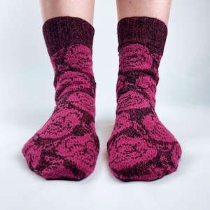 Hand-Knitted Handmade Cotton Socks – Rose Pattern | 100% Upcycled Yarn, Size M
