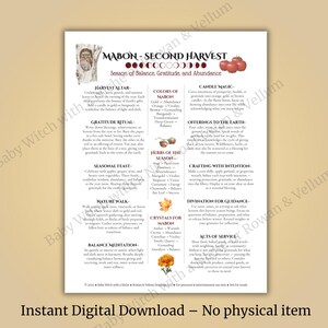 Può includere: Un foglio stampato intitolato "Mabon - Second Harvest" con testo sulla stagione dell'equilibrio, della gratitudine e dell'abbondanza. Il foglio include sezioni su altare del raccolto, rituali, colori, erbe e cristalli. Le parole "Instant Digital Download - No physical item" sono in basso.