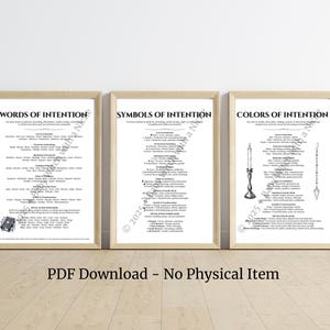May include: Three framed prints with the titles "Words of Intention", "Symbols of Intention", and "Colors of Intention". Each print features black text on a white background. The phrase "PDF Download - No Physical Item" is at the bottom.