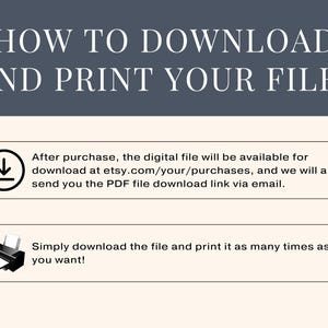 Op de afbeelding: Een digitale downloadgids met de tekst "HOW TO DOWNLOAD AND PRINT YOUR FILE?" Instructies omvatten het downloaden van Etsy en het zo vaak als gewenst afdrukken. Bevat een printerpictogram en een downloadpictogram.