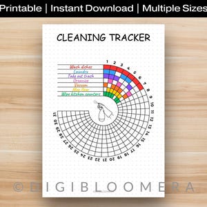 May include: A printable cleaning tracker with the text "CLEANING TRACKER" at the top. The tracker features a circular design with sections for daily tasks like washing dishes and laundry. The design includes a hand spraying a bottle.