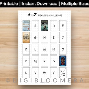 May include: A printable A to Z reading challenge chart featuring book covers in a grid layout. The chart includes the text "A to Z Reading Challenge" and the words "Printable | Instant Download | Multiple Sizes".