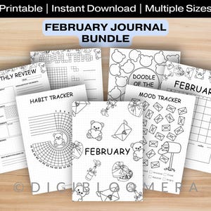 Könnte beinhalten: Eine Sammlung druckbarer Februar-Journalseiten. Das Bundle enthält eine monatliche Übersicht, einen Gewohnheitstracker, einen Stimmungstracker und einen Februar-Kalender. Jede Seite zeigt schwarz-weiße Illustrationen von Teddybären, Herzen und Umschlägen.