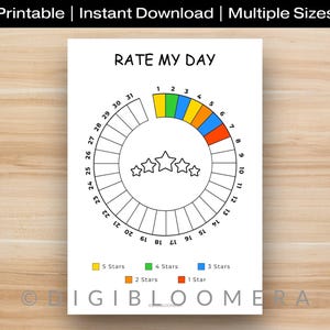 Op de afbeelding: Een witte, afdrukbare grafiek met de titel "RATE MY DAY" met een cirkelvormig ontwerp met cijfers en sterpictogrammen. De grafiek bevat een kleurgecodeerd beoordelingssysteem van 1 tot 5 sterren, met tekst bovenaan die aangeeft dat het een afdrukbare instant download is die in meerdere formaten beschikbaar is.