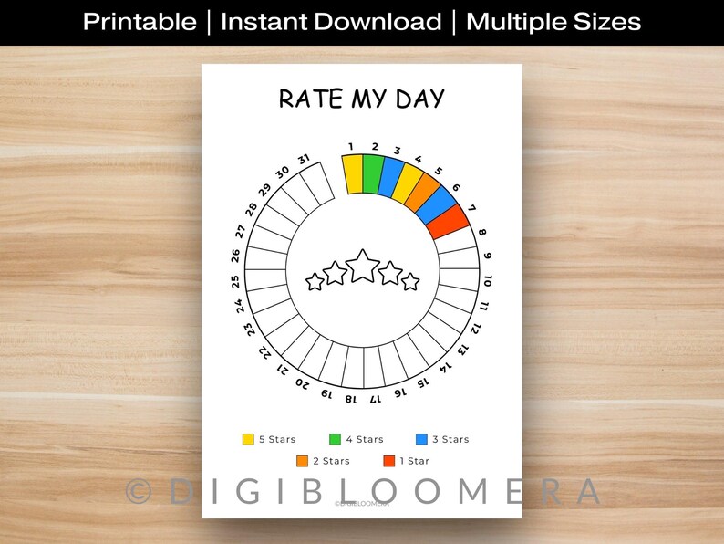 Op de afbeelding: Een witte, afdrukbare grafiek met de titel "RATE MY DAY" met een cirkelvormig ontwerp met cijfers en sterpictogrammen. De grafiek bevat een kleurgecodeerd beoordelingssysteem van 1 tot 5 sterren, met tekst bovenaan die aangeeft dat het een afdrukbare instant download is die in meerdere formaten beschikbaar is.