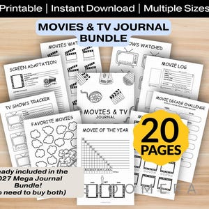 May include: A printable Movies & TV Journal bundle featuring 20 pages of black and white tracking sheets. Includes templates for movie logs, TV show trackers, decade challenges, and favorite movies, decorated with film reels, popcorn, and clapperboard icons.