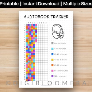 Könnte beinhalten: Ein druckbarer Hörbuch-Tracker mit dem Titel "AUDIOBOOK TRACKER". Der Tracker enthält ein Raster zur Verfolgung der Hörzeit, eine farbcodierte Legende und eine Kopfhörergrafik. Die Farben umfassen Grau, Hellblau, Dunkelblau, Gelb, Orange, Rosa und Lila.