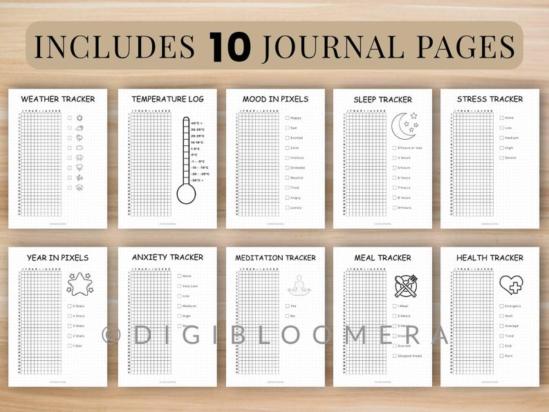 Yearly Trackers Bundle, Printable Journal Pages, Digital Planner Pages ...