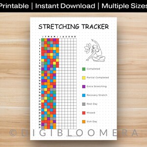 May include: A printable stretching tracker with a grid for tracking daily progress. The tracker includes a colour-coded key for completed, partial, extra, and recovery stretching, rest days, missed days, and sick days. The text "STRETCHING TRACKER" is at the top.