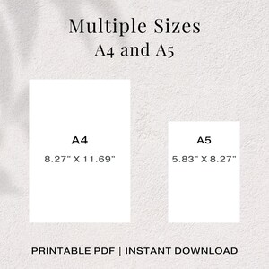 Op de afbeelding: Twee witte rechthoekige vellen papier, gelabeld A4 en A5, met afmetingen in centimeters. Het A4-papier is 21,01 cm x 29,69 cm, en het A5-papier is 14,81 cm x 21,01 cm. Bovenin staat de tekst "Multiple Sizes A4 and A5".