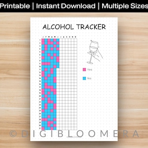 May include: A printable alcohol tracker with a grid for tracking daily consumption. The design includes a hand holding a wine glass, with pink and blue squares to mark "Yes" and "No" days. The text "Alcohol Tracker" is at the top.