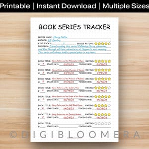 Könnte beinhalten: Ein druckbarer Buchserien-Tracker mit dem Titel "Book Series Tracker" und dem Serientitel "Harry Potter". Der Tracker enthält Felder für Buchtitel, Start- und Enddaten sowie ein Bewertungssystem.