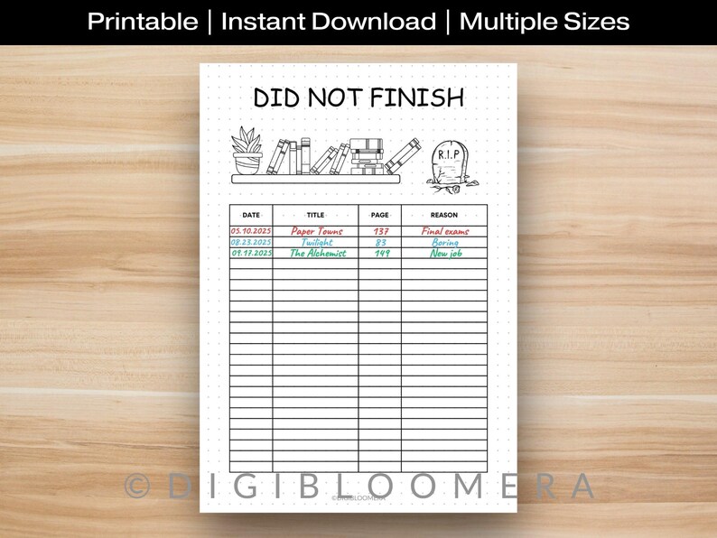 Did Not Finish Reading Tracker | Printable Journal Page | DNF List - Etsy
